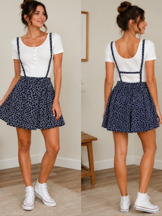 mine Dresses & Skirts - mine Navy Floral Suspender Mini Skirt Adjustable Straps S